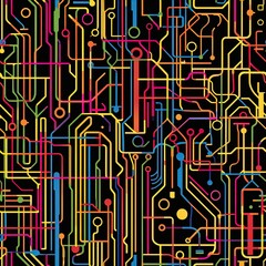 The image is a vibrant and abstract representation of a circuitry pattern against a black background. Thin lines and nodes in various bright colors, including yellow, green, pink, blue, and orange, in