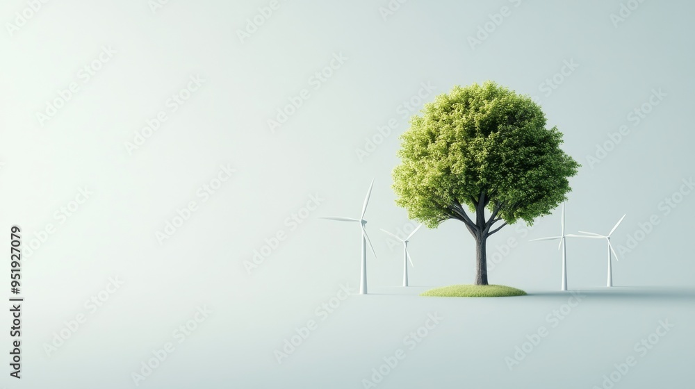 Poster modern minimalist 3d tree icon with wind turbines symbolizing harmony of nature and technology in su