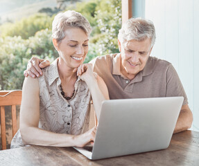 Smile, laptop and mature couple on terrace with travel planning, online booking or email review. Computer, man and woman on patio for internet search for retirement holiday application on website