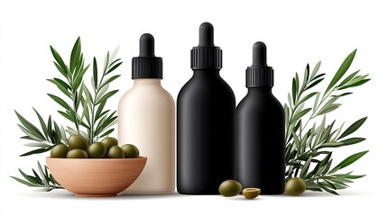 This collection showcases various olive oil bottles alongside a glass jar filled with olives, perfect for cooking or skincare applications in a clean setup