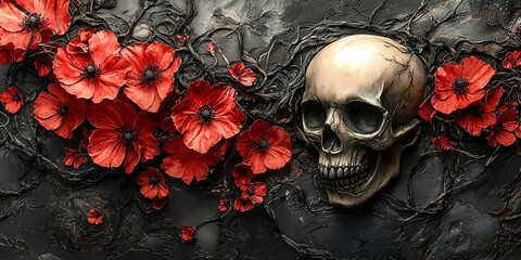 A gothic Halloween banner featuring a skull entwined with striking red flowers, perfect for spooky celebrations, invitations, or decor options, with copy space.