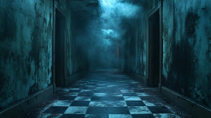 Obraz premium A spooky, dimly lit hallway shrouded in mist, perfect for Halloween-themed events, haunted house designs, and horror decorations with copy space.