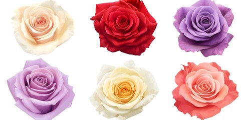 Obraz premium Colorful roses in different shapes and sizes on a white background.
