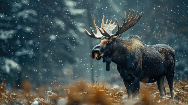 Large bull moose standing in snowfall in forest