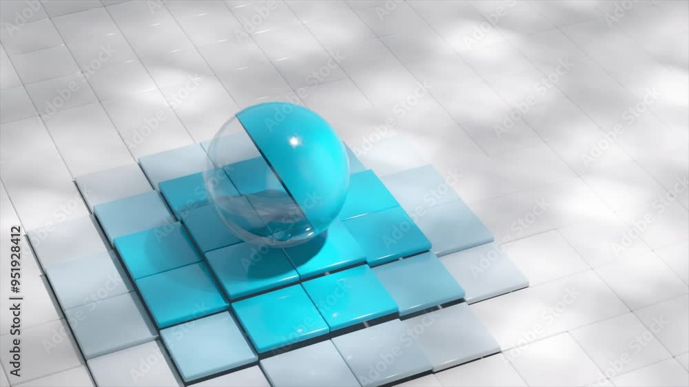 Poster minimalist abstract composition featuring a blue and transparent sphere resting on a grid of blue an