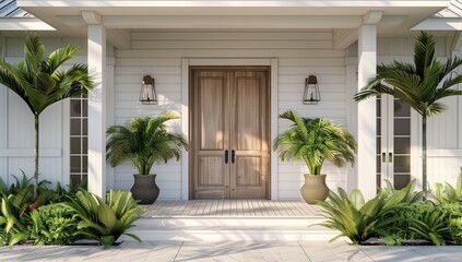 3D render of a front door with wooden double doors, a white beach house exterior with potted plants and palm trees