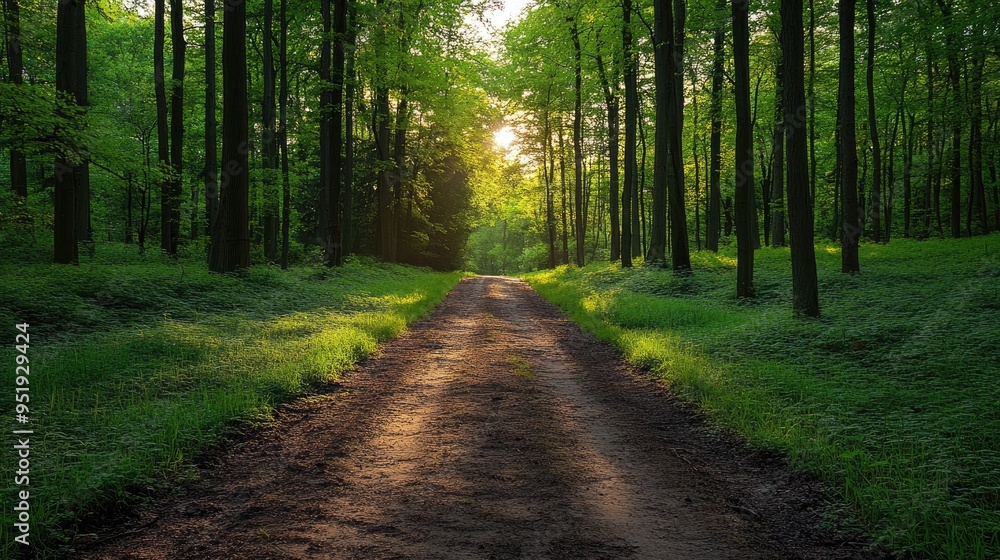 Poster sun shining through trees on path leading into forest