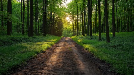 Obraz premium Sun shining through trees on path leading into forest