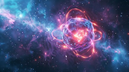 A detailed scientific visualization of the atomic structure involved in nuclear fission, showing protons, neutrons, and electrons in motion, with a dynamic burst of energy as the atom splits, 