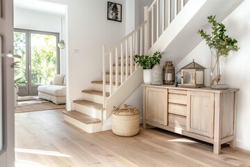 Staircase with white wooden steps and light wood floor. Interior design of a modern hallway