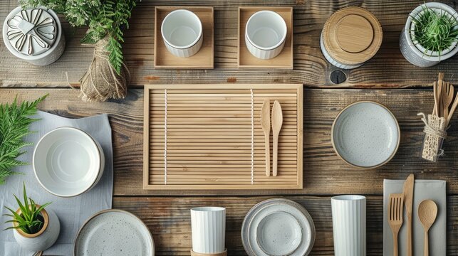 Rustic table setting with empty bowls, plates, and bamboo cutlery