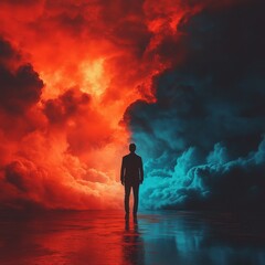 Man Standing Between Fiery Past and Serene Future