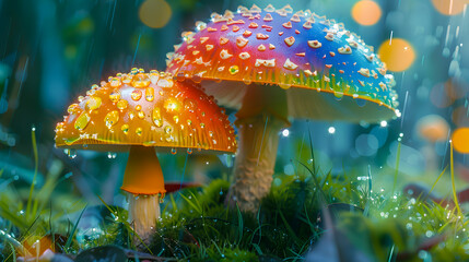 A beautiful close view of psilocybin, magic mushroom with rainbow colors on it
