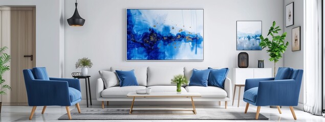 Modern living room with a blue and white abstract painting on the wall, a sofa set, armchairs, a coffee table, and plants.