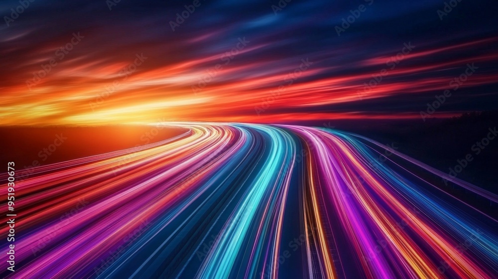 Poster light trails showing speeding concept at sunset