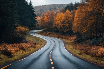 Obraz premium Winding country road passing through autumn forest