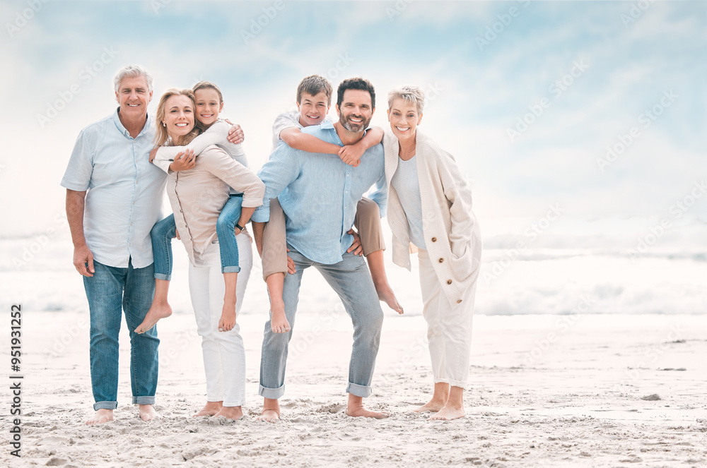 Canvas Prints Piggyback, portrait and smile with family on beach together for holiday, travel or vacation. Hug, love or summer with senior people, parents and sibling children outdoor for bonding or wellness