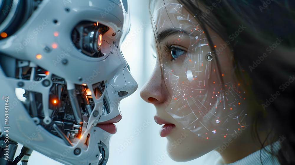 Aufkleber a business man with ai head working alongside an artificial intelligence cyborg in an office setting