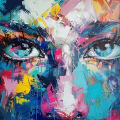A vibrant, abstract painting features a close-up of a human face, with expressive and detailed eyes being the focal point. The artwork incorporates a diverse palette of bold colors, including blues, p