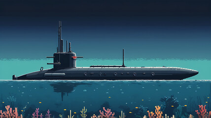 Close-up of a submarine's periscope and conning tower, highlighting the sleek, underwater design, retro style,