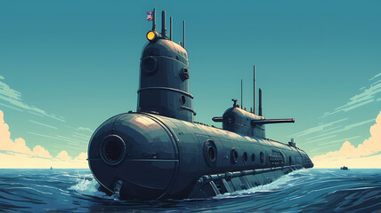 Close-up of a submarine's periscope and conning tower, highlighting the sleek, underwater design, retro style,