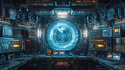 A highly detailed and realistic image of a nuclear fission reactor core illuminated by the blue glow of Cherenkov radiation, surrounded by intricate control panels and safety mechanisms, showcasing 