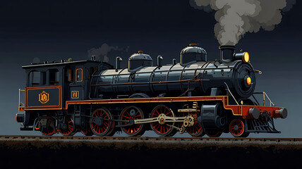 Naklejka premium Close-up of a steam locomotive's front, featuring the headlight and smokestack, emphasizing the vintage industrial feel, 8-bit style, retro style