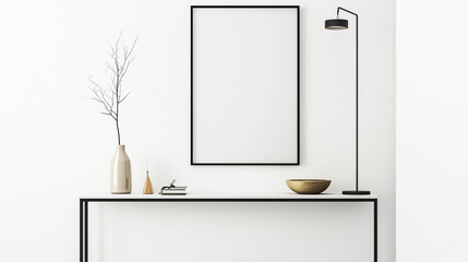 Contemporary Interior with Black Framed Canvas on White Wall Modern Console Table with Minimalist Decor