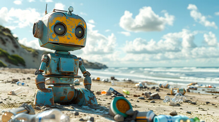 A cute smiling little robot collecting garbage on a beach on a sunny day	