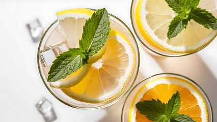 Close up view of summer fresh cocktails with lemon and orange pieces, mint isolated on white