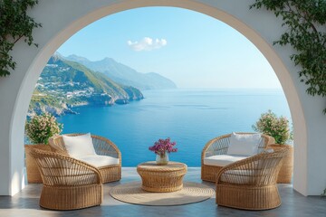 Obraz premium Luxurious terrace overlooking the sea with rattan armchairs and coffee table