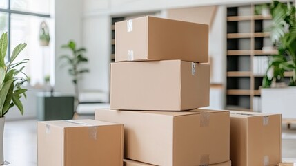 A room is cluttered with cardboard boxes and scattered papers, all prepared for removal, while a plant sits by the bookshelves in the background