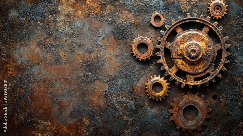 Poster rusty gears lying on a rusty metal background forming a banner