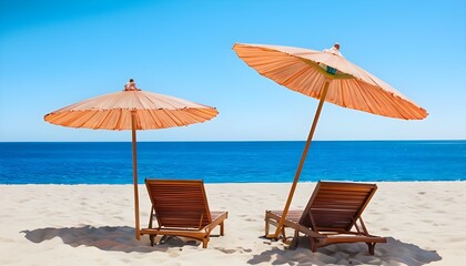 Two parasol umbrellas casting the shadow over the two wooden lounge chairs or easy chairs on an empty sunny sand beach near the blue ocean or sea water on a summer day. Sun protection on a holiday