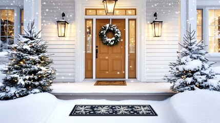 The front door of a cozy off-white farmhouse features a festive wreath and glowing lanterns, framed by snow-covered ground and a small evergreen tree nearby