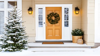 The front door of a cozy off-white farmhouse features a festive wreath and glowing lanterns, framed by snow-covered ground and a small evergreen tree nearby