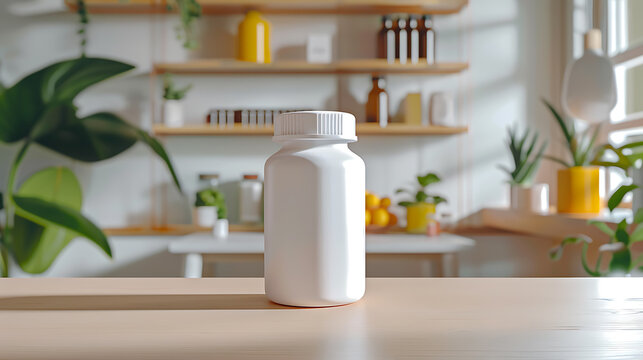 A white pill bottle sits on a wooden table in a bright, sunny kitchen.