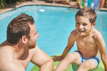 Fototapeta premium Holiday, father or happy child swimming in pool for bonding, vacation or weekend in summer. Tourism, floating or dad in water for exercise, fun trip or development for son, kid or boy in Australia