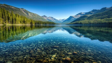 Fototapeta premium Crystal-clear lake reflecting surrounding mountains and forests, showcasing the purity of Earth's water bodies
