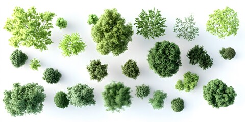 3D Models of Green Bushes and Trees on a White Background