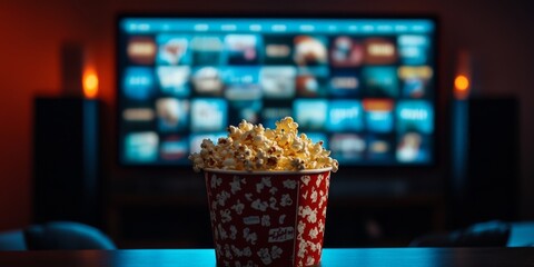 Popcorn bucket with a playful design, front and center, against a blurred background of a streaming menu on TV