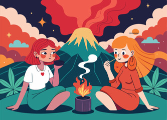 two girls in the night Scattering fire mountain on backSide