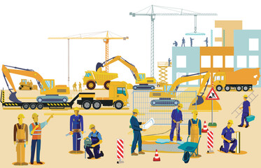 Hochbau mit Kran und Bauunternehmer,   illustration.eps