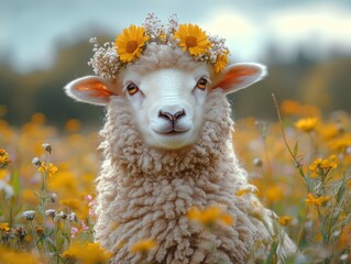 A fluffy sheep surrounded by colorful wildflowers, with a gentle expression and a small flower...