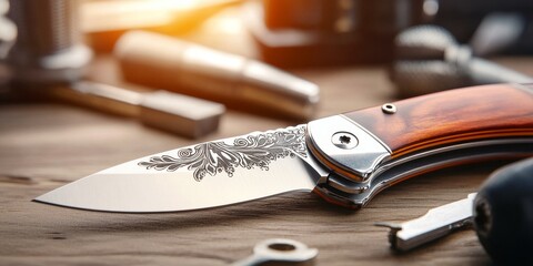 A Beautifully Crafted Folding Knife With Intricate Engravings