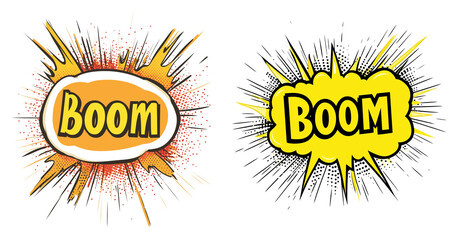 set of A comic speech bubble with the word boom in yellow in a halftone print style. on a transparent background