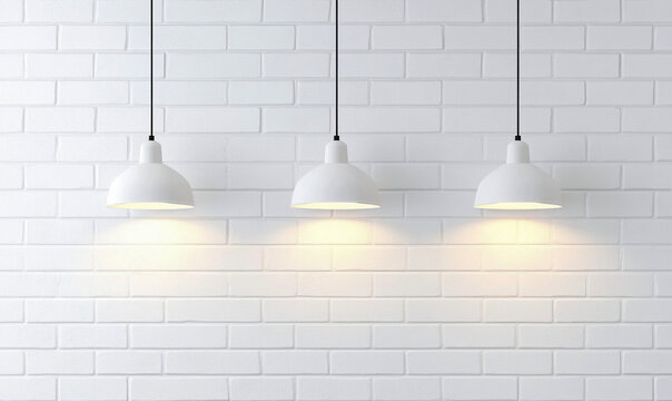 Una pared de ladrillos blancos con tres l&aacute;mparas colgantes de dise&ntilde;o minimalista. La luz brillante emana de la l&aacute;mpara en un lado de la pared de ladrillos blancos, lo que crea un efecto fotorrealista.
