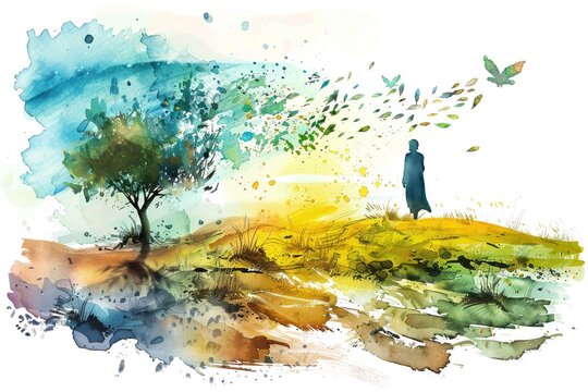 Artistic watercolor of the Parable of the Sower with seeds and soils