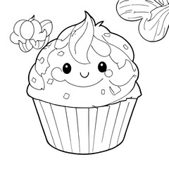 coloring book, coloring, outline, line, cute, funny, drawing, icon, illustration, vector, black, cover book, book, cartoon, cupcake, cake, food, dessert, birthday, muffin, bakery, baked, snack, delici