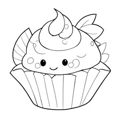 coloring book, coloring, outline, line, cute, funny, drawing, icon, illustration, vector, black, cover book, book, cartoon, cupcake, cake, food, dessert, birthday, muffin, bakery, baked, snack, delici